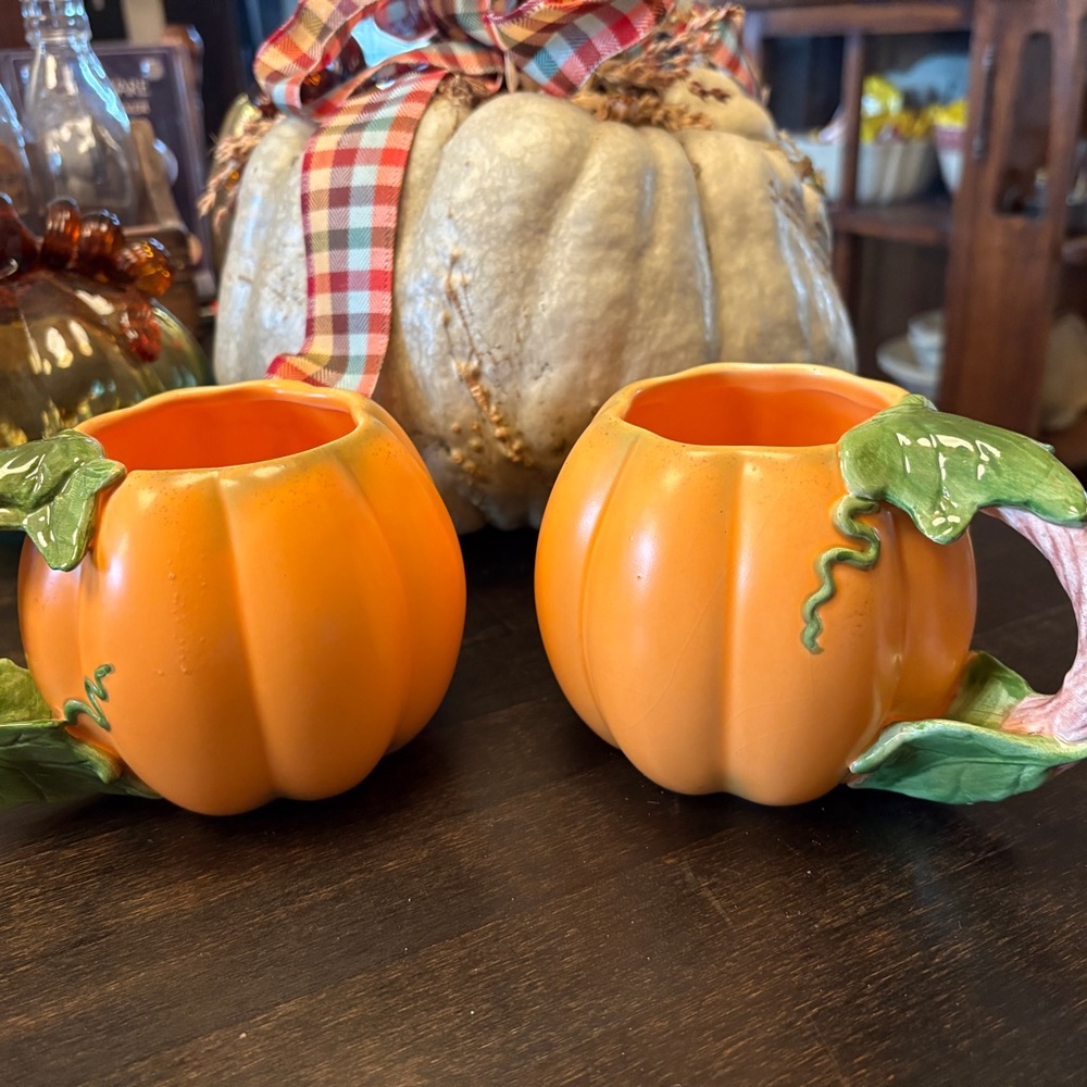 Hallmark Orange Pumpkin Mugs with Green Leaves